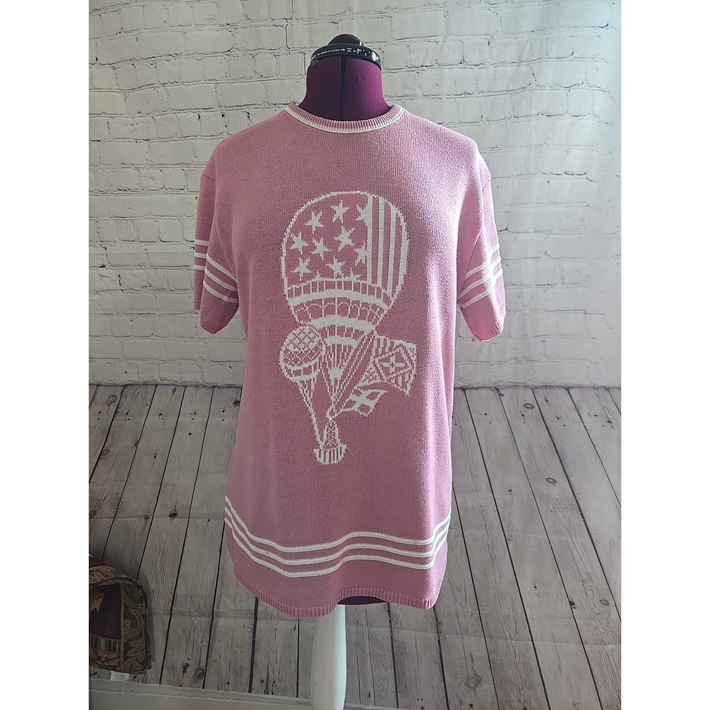 Vtg 90s Pink Hot Air Balloon Short Sleeve Novelty Sweater Sz L Grandma Whimsical